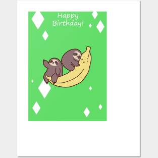 "Happy Birthday" Sloths and Giant Banana Posters and Art